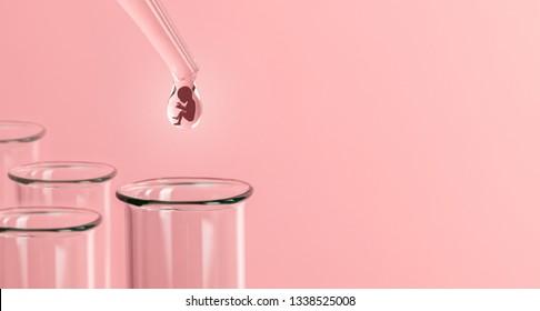 Artificial insemination. Test tube baby, IVF. On the tip of the pipette drop with silhouette of the embryo of the child, dripping into the test tube