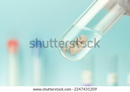 Artificial insemination. Test tube baby, IVF. A human embryo in a glass tube on a blue laboratory background. The concept of artificial insemination or human cloning.