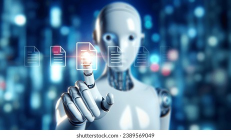 Artificial intelligence accessing data files, robotic hand interacting with virtual documents, AI technology in data management