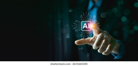 Artificial intelligence activation and smart technology concept with businessman touching digital AI chip interface. Futuristic innovation, machine learning network, and digital transformation system.