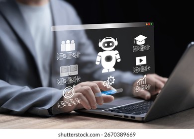 Artificial Intelligence Agent Analyzes Data and Generates Digital Output, AI-Powered Technology Concept, Businessman uses laptop and AI Futuristic Neural Network Interface, Machine Learning, Education