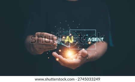 Artificial intelligence agent concept. Glowing AI text and digital network connections inside light bulb. Machine learning innovation, automation, smart assistant system and future business solution.