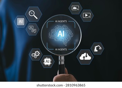 Artificial intelligence agents concept with AI automation system, machine learning technology, cloud computing, smart digital assistant, data analysis and futuristic business innovation interface.