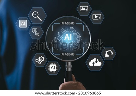 Artificial intelligence agents concept with AI automation system, machine learning technology, cloud computing, smart digital assistant, data analysis and futuristic business innovation interface.