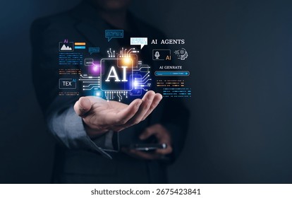Artificial intelligence and AI agents are visualized in a futuristic concept as a businessman holds a glowing AI chip hologram, symbolizing innovation in technology and digital transformation.