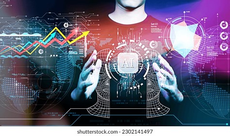 Artificial intelligence AI and Big data growing concept, Abstract Hand of human touching AI and machine learning on circuit board and binary AI data digital background, IoT, Technology and innovative