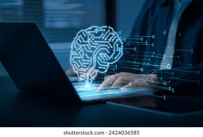 Artificial intelligence (AI) brain image with circuit board lines inside. Businessman analyzes data using AI, modern computer technology. Big data analysis with artificial intelligence