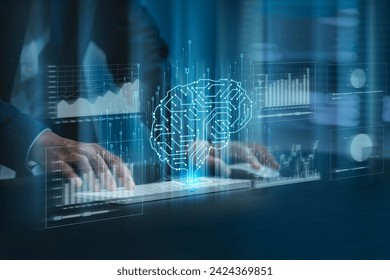 Artificial intelligence (AI) brain image with circuit board lines inside. Businessman analyzes data graph using AI, modern computer technology. Big data analysis with artificial intelligence