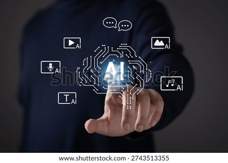 Artificial intelligence with AI brain interface and generative technology icons for text, voice, image, video, music, and chat, representing multimodal AI, smart automation, future digital innovation.