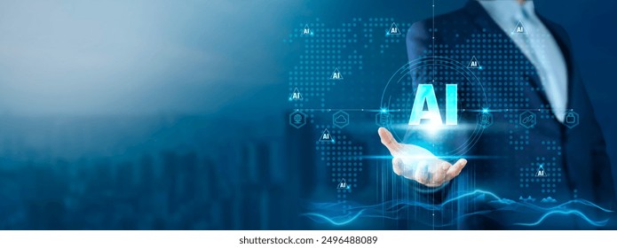 Artificial Intelligence (AI): Businessman Holding AI-Powered Solutions on Global Technology Network, Automation, Innovation, Future Insights.