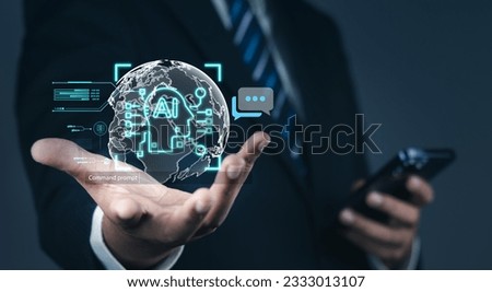 Artificial Intelligence (AI), Businessman holding AI Circuit Innovation in Brain's Network Connection for Software Development. AI Futuristic Business Innovation in Network Synchronization, IoT.	