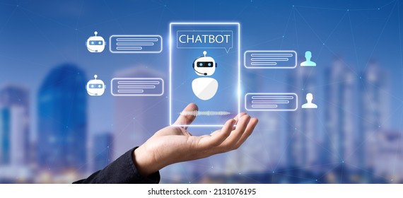 artificial intelligence, AI chat bot concept.Hand holding virtual chat bot assistant on blurred smart city as background