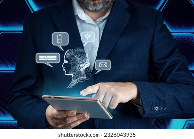 Artificial intelligence, AI chat bot concept. Businessman hands using tablet. ai chatbot infographic. Online Chatting Communication Business Internet Technology Concept