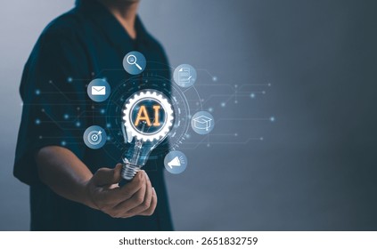 Artificial intelligence AI, chat bot concept,Man holding light bulb with gears and smart robot technology show use of future technology to help work or analyze data improve efficiency of work process. - Powered by Shutterstock - Get 15% off with code: PIKWIZARD15