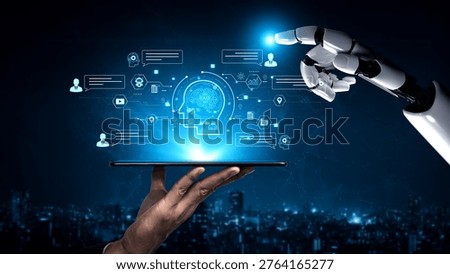 Artificial intelligence AI chat message concept linking users, knowledge base, search and analytics to provide automated NLP data support and informed business decisions, tech model training. Corpus