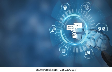 Artificial intelligence AI chatbot. Digital chatting, Chatbot, robot application, conversation assistant concept. AI service, Robot application and global connecting. Human feedback learning tech. - Shutterstock ID 2262202119