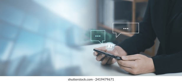 Artificial Intelligence (AI) with chatbot technology concept, businessman using smartphone to conversational for information, exploring AI and smart technology for global business growth.