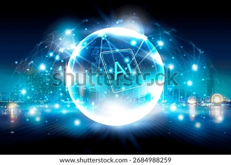 Artificial intelligence ai and cityscape background. Blue ai hologram on blurry city background artificial intelligence, machine learning concept