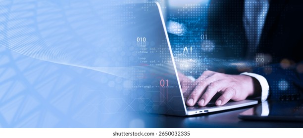 Artificial Intelligence (AI) concept with businessman typing on laptop, digital binary code, programming interface, futuristic data network design for technology, innovation, coding, AI development