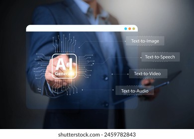 Artificial Intelligence AI concept , Man using tablet and touch an AI program on virtual display.