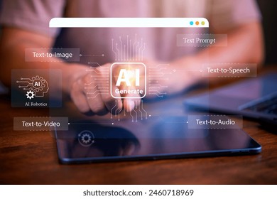 Artificial Intelligence AI concept , Man using tablet and touch an AI program on virtual display.