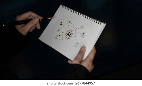 Artificial Intelligence (AI) as a core technology. A concept of an AI ecosystem powering data analysis, machine learning, and global networks. Motif