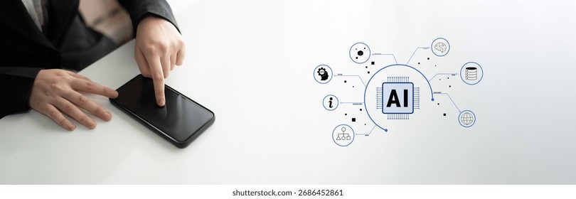 Artificial Intelligence (AI) as a core technology. A concept of an AI ecosystem powering data analysis, machine learning, and global networks. Motif
