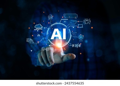 artificial intelligence (AI) data analysis concept, hand pointing to AI icon. technology to control automatic. AI technology Machine learning for data analysis and management.