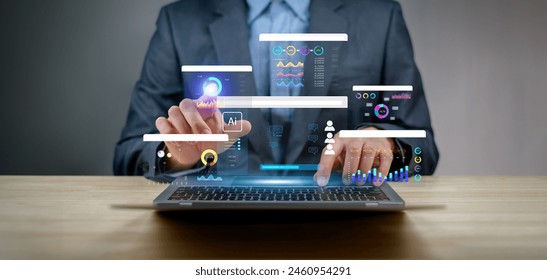 Artificial Intelligence AI data tech analytics for kpi accounting big complex business, technology algorithm system software website tool write command prompt digital internet support chart analysis