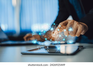 Artificial intelligence ai development for future of people living. Digital data and machine learning technology design for computer brain by using big data operating information in cyber system.