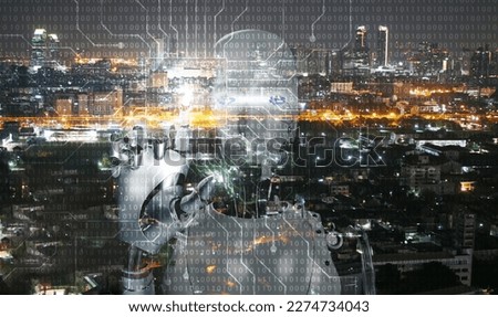 Artificial intelligence, AI everywhere and is omnipresent. The overlay robotic figure on a city background. Every person on earth can benefit from the Ai technology concept.