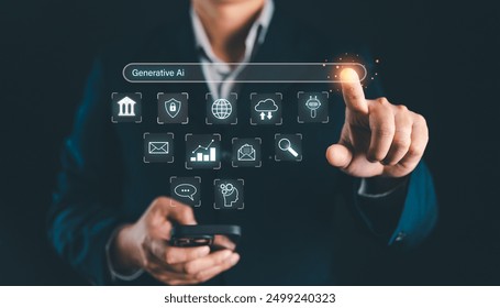 Artificial intelligence (AI) and futuristic digital technology. Businessman using application to generative AI contents, story, images. Chat with smart robot AI and command prompt input on website - Powered by Shutterstock - Get 15% off with code: PIKWIZARD15