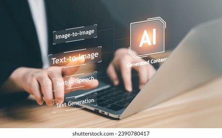 Artificial Intelligence, AI generated content Concept. Artist Man using AI Art to generate smart content. Text to image command prompt , technology Business, futuristic transformation. Chat with robot