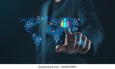 Artificial Intelligence AI global HR management and recruitment selection and human resources strategy.digital world map connectivity people. acquisition, workforce analytics automation in employee