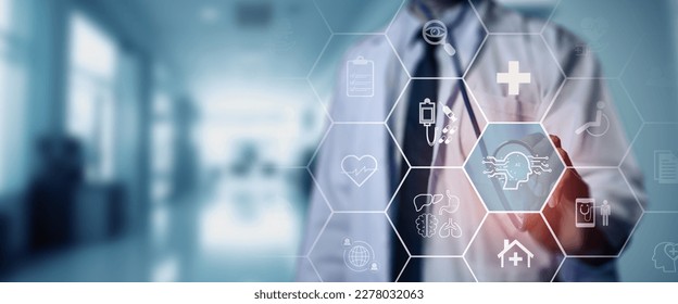 Artificial intelligence (AI) in healthcare concept. Helping to diagnose diseases more accurately, personalize treatments, and reduce costs. Analyze  data to identify patterns and predictions. - Shutterstock ID 2278032063