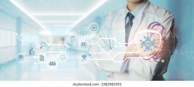 Artificial intelligence (AI) in healthcare concept. Helping to diagnose diseases more accurately, personalize treatments, and reduce costs. Analyze data to identify patterns and predictions. - Shutterstock ID 2382985593