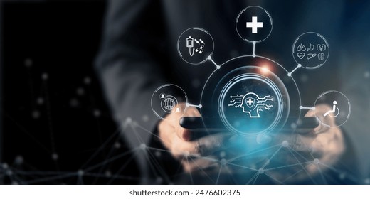 Artificial intelligence (AI) in healthcare concept. Helping to diagnose diseases more accurately, personalize treatments, and reduce costs. Analyze  data to identify patterns and predictions. - Powered by Shutterstock - Get 15% off with code: PIKWIZARD15