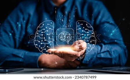 artificial intelligence, ai, innovation, technology, neural, future, businessman, machine learning, intelligent, robotic. businessman hold hud neural ai tech merging connectivity and intelligence.