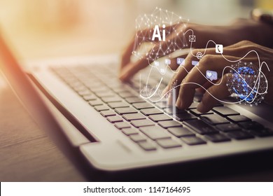 
Artificial Intelligence AI, Internet of Things IoT concept. Business man using laptop computer on technology background, 4.0 industrial technology development, remote control