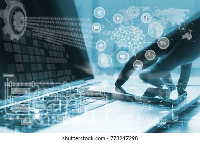 Artificial Intelligence AI, Internet Of Things IoT Concept. Business Man Using Smartphone, Laptop Computer On Technology Background, 4.0 Industrial Technology Development, Remote Control, Blue Tone