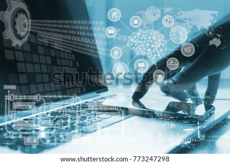 Artificial Intelligence AI, Internet of Things IoT concept. Business man using smartphone, laptop computer on technology background, 4.0 industrial technology development, remote control, blue tone
