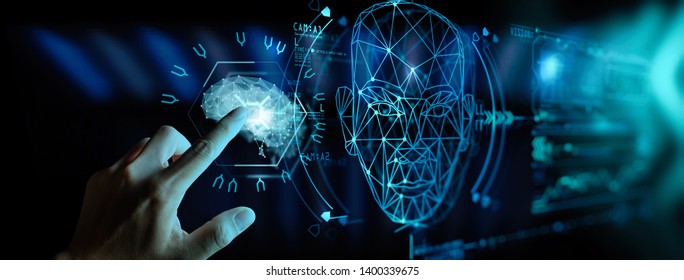 Artificial intelligence (AI) with machine deep learning and data mining and another modern computer technologies UI by hand touching low poly icon.