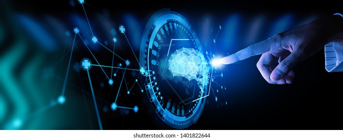 Artificial intelligence (AI) with machine deep learning and data mining and another modern computer technologies UI by hand touching low poly icon.