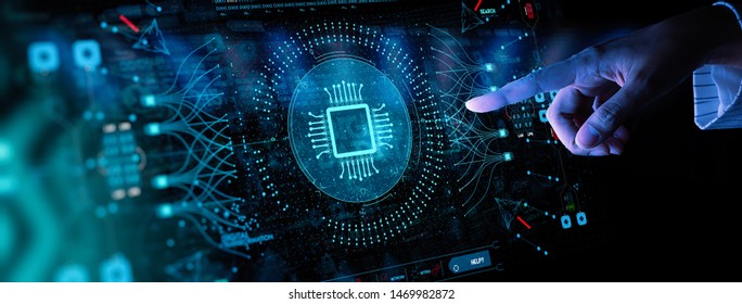 Artificial intelligence (AI) with machine deep learning and data mining and another modern computer technologies UI by hand touching CPU icon.