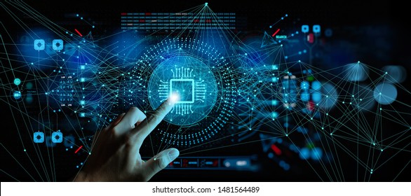 Artificial intelligence (AI) with machine deep learning and data mining and another modern computer technologies UI by hand touching CPU icon.