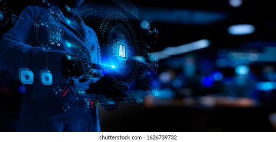 Artificial intelligence (AI) with machine deep learning and data mining and another modern computer technologies UI by woman hand touching CPU icon. - Shutterstock ID 1626739732
