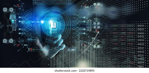 Artificial intelligence (AI) with machine deep learning and data mining and another modern computer technologies UI by hand touching CPU icon.