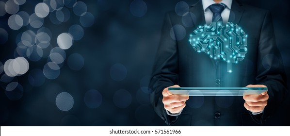 Artificial intelligence (AI), machine and deep learning and another modern computer technologies concepts. Brain representing artificial intelligence with printed circuit board (PCB) design. - Shutterstock ID 571561966
