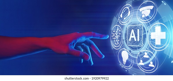 Artificial Intelligence (AI), Machine Learning Computer Technologies Concept, Hand Touching Ai Icon, Horizontal Banner