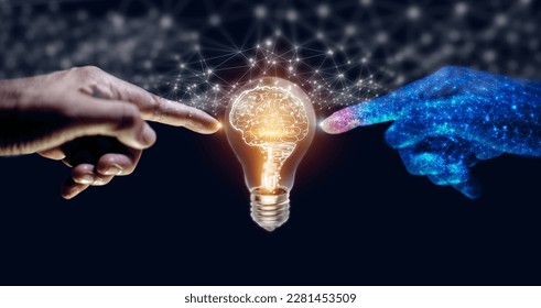 Artificial intelligence (AI) Machine Learning, robot and human hands touching on big data network connection background, science and technology artificial intelligence, innovation and futuristic. - Shutterstock ID 2281453509